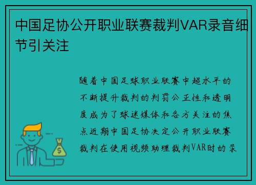 中国足协公开职业联赛裁判VAR录音细节引关注