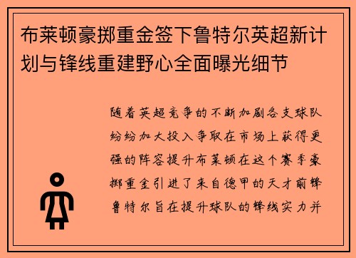布莱顿豪掷重金签下鲁特尔英超新计划与锋线重建野心全面曝光细节