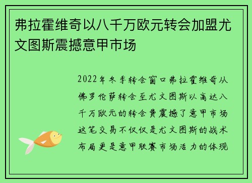 弗拉霍维奇以八千万欧元转会加盟尤文图斯震撼意甲市场