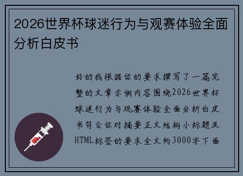 2026世界杯球迷行为与观赛体验全面分析白皮书